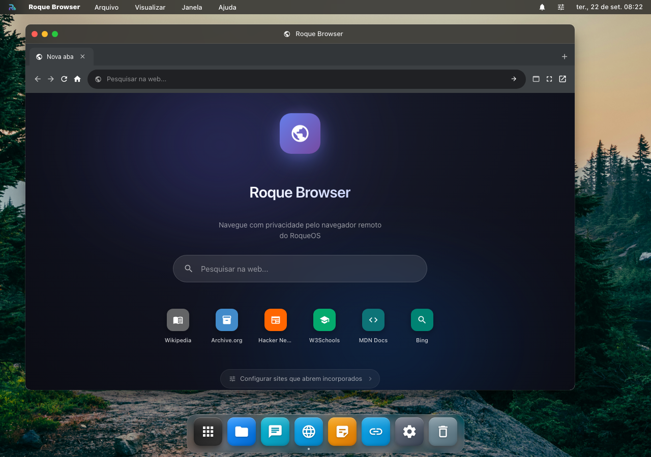 O Roque Browser aberto no desktop: a aba nova, a barra de busca e os atalhos de sites