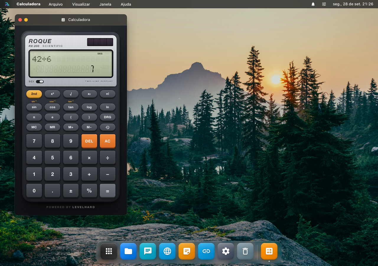 A Calculadora: o visor de duas linhas com a conta 42 ÷ 6 em cima e o 7 embaixo, o teclado científico com 2nd, x², raiz, sin, cos, tan, log, ln e π, e o numérico com DEL e AC em laranja