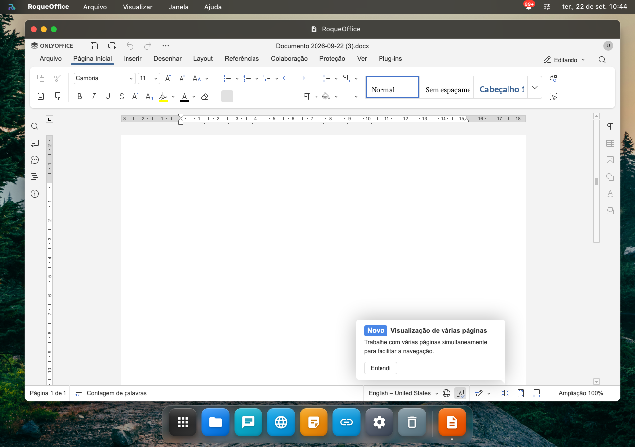O RoqueOffice com um documento .docx aberto no editor ONLYOFFICE, com a faixa de ferramentas, os estilos e a régua