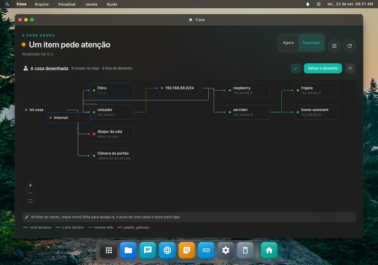O modo de correção ligado: a barra explicando que dá para arrastar as caixas, apagar uma linha e ligar duas caixas, com o botão Salvar o desenho ao lado do lápis
