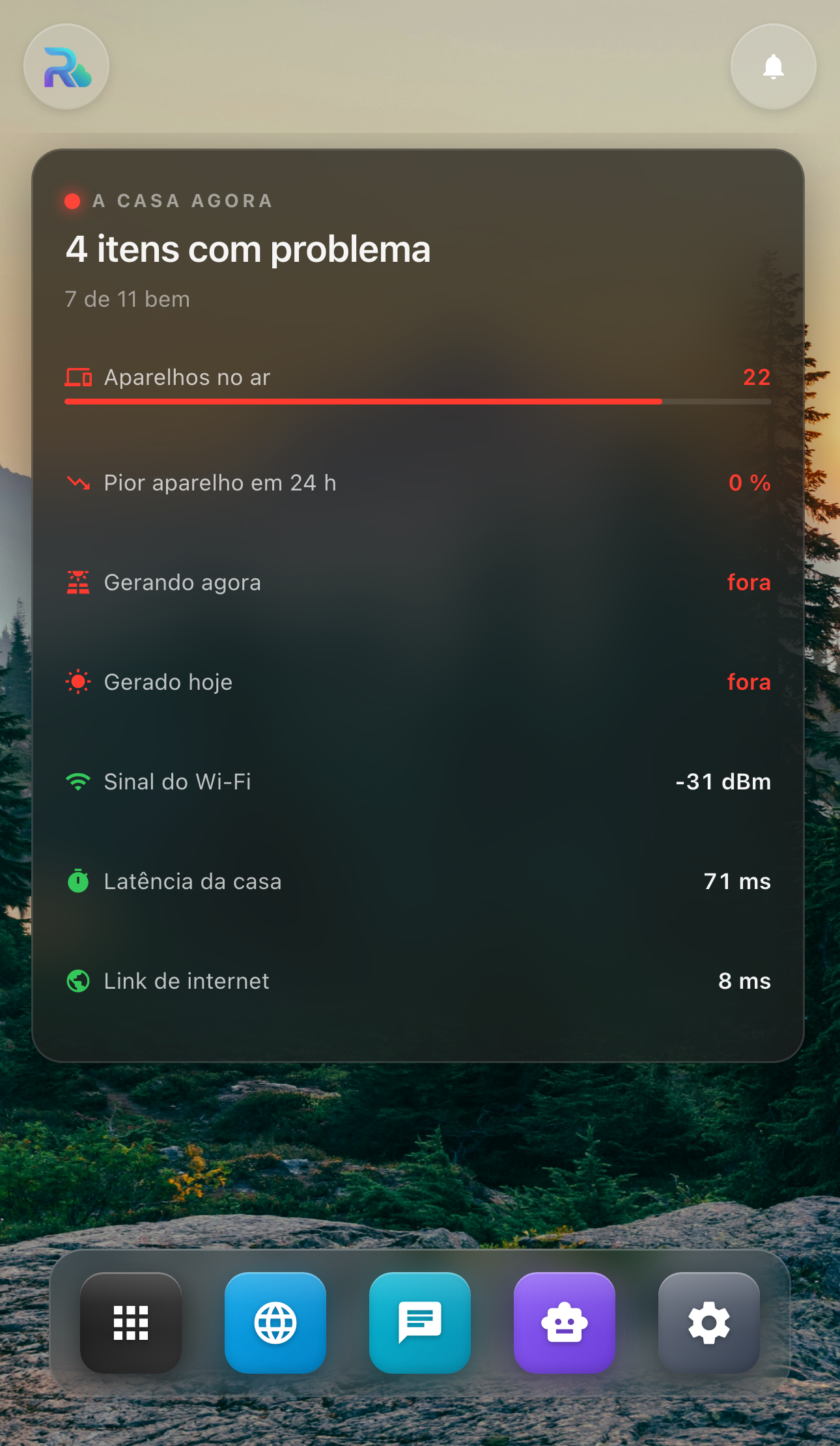 O atalho da Casa na tela do celular, com a manchete "4 itens com problema", a contagem "7 de 11 bem" e sete indicadores — os que estão fora aparecem em vermelho