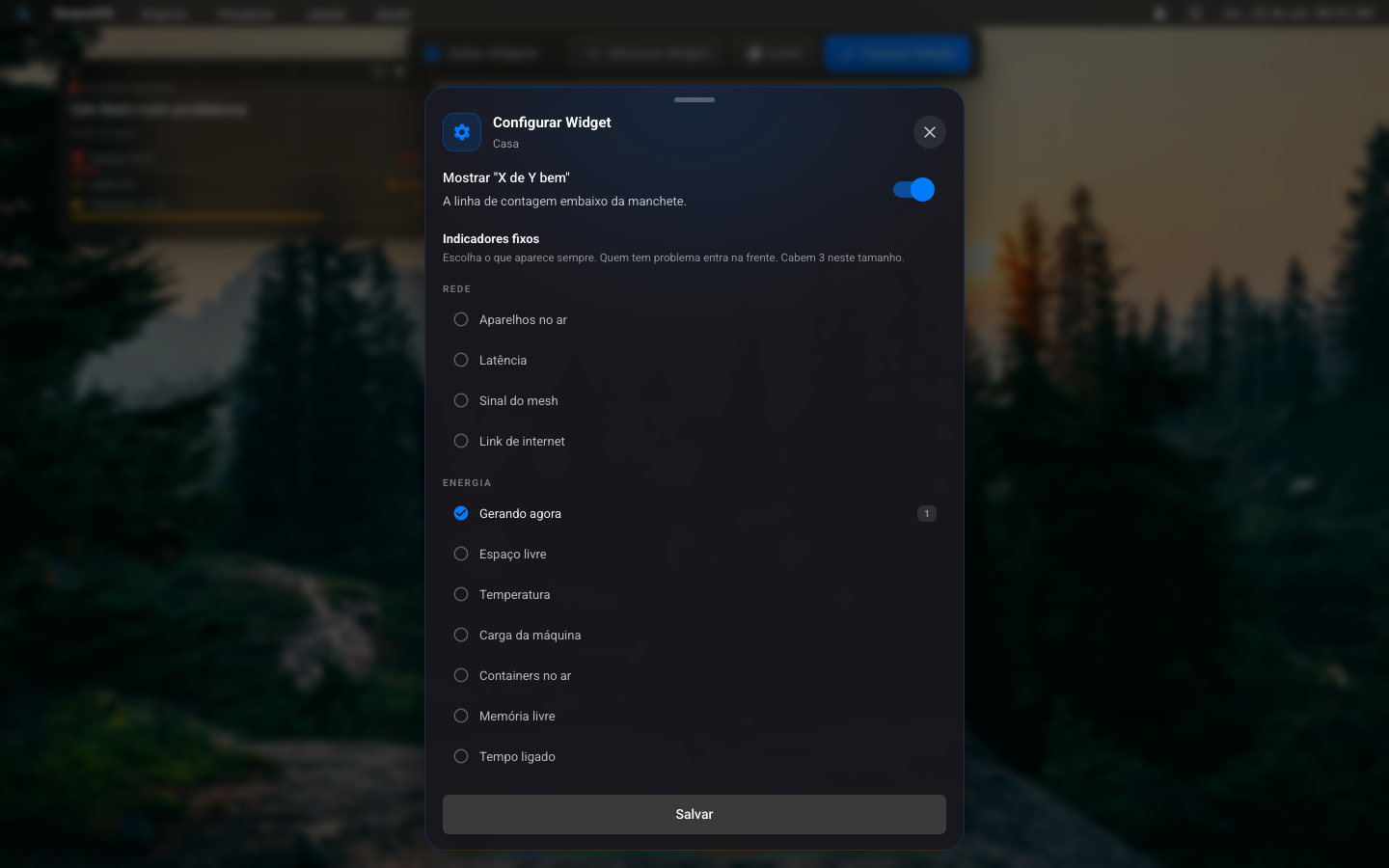 A caixa "Configurar Widget" com a chave para mostrar a contagem "X de Y bem" e a lista de indicadores para fixar, agrupados por seção, com o aviso de quantos cabem naquele tamanho