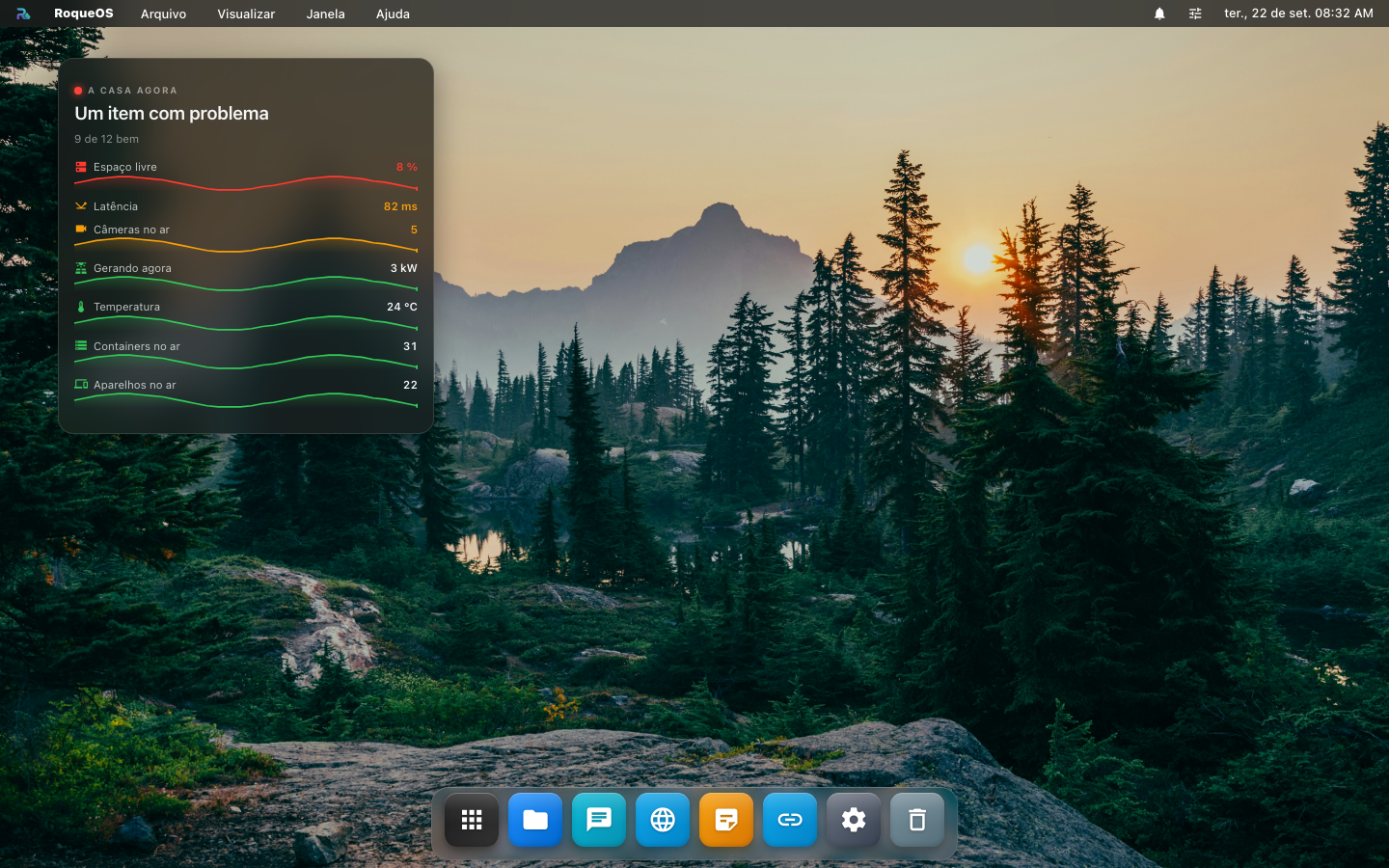 O widget da Casa na área de trabalho: a manchete, a contagem "9 de 12 bem" e sete indicadores, cada um com o valor e a linha das últimas 24 h