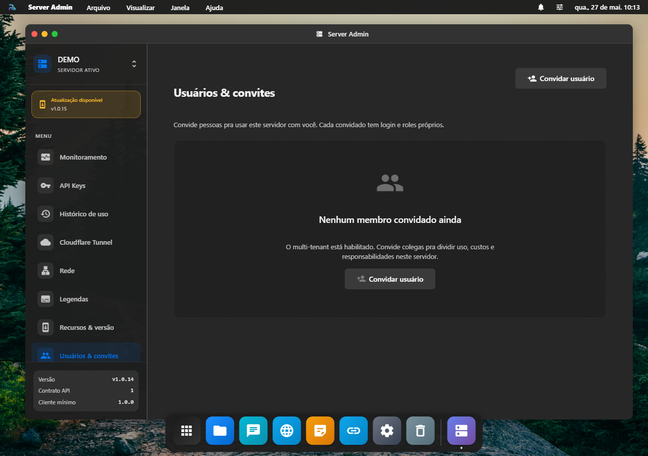 Server Admin Monitor section — CPU/RAM/Disk em tempo real